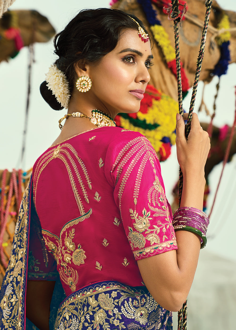 Buy Traditional Purple Embroidered Bandhej Designer Saree Online in US, UK, Canada, France, Germany, Italy, Denmark, Singapore, Belgium & Worldwide at Empress.