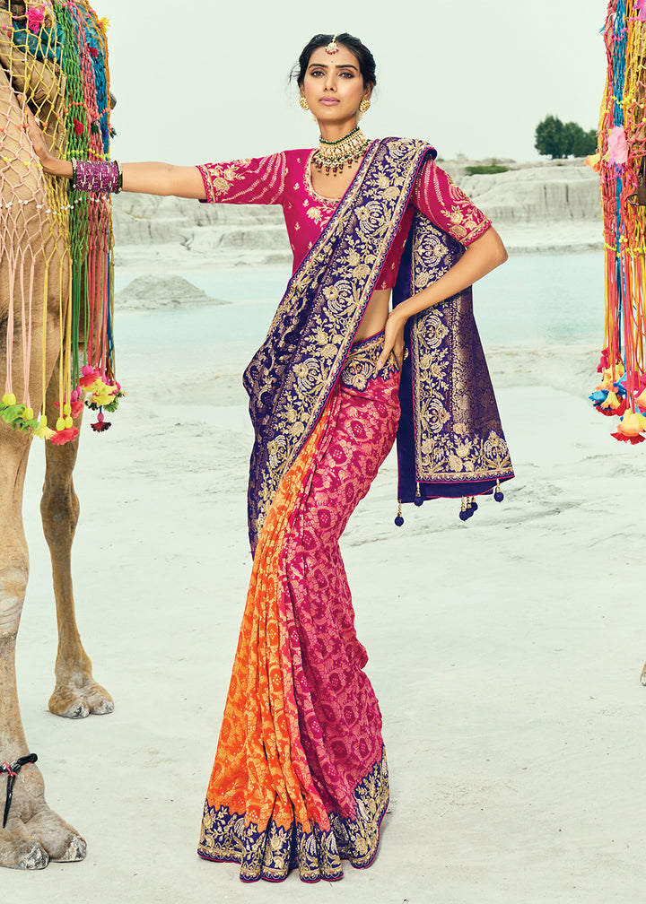 Buy Traditional Purple Embroidered Bandhej Designer Saree Online in US, UK, Canada, France, Germany, Italy, Denmark, Singapore, Belgium & Worldwide at Empress.