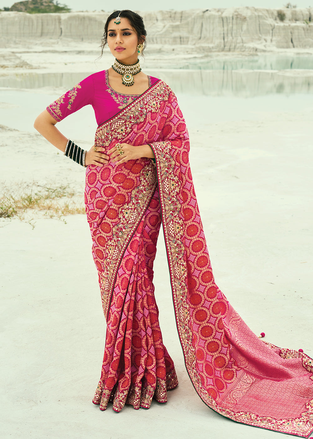 Buy Traditional Red Embroidered Bandhej Designer Saree Online in US, UK, Canada, France, Germany, Italy, Denmark, Singapore, Belgium & Worldwide at Empress.