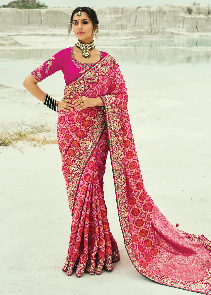 Buy Traditional Red Embroidered Bandhej Designer Saree Online in US, UK, Canada, France, Germany, Italy, Denmark, Singapore, Belgium & Worldwide at Empress.