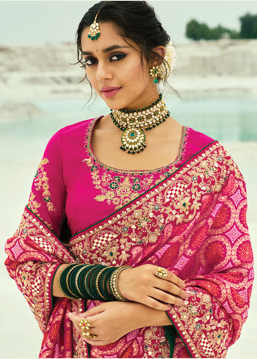 Buy Traditional Red Embroidered Bandhej Designer Saree Online in US, UK, Canada, France, Germany, Italy, Denmark, Singapore, Belgium & Worldwide at Empress.