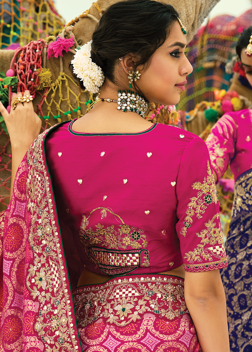 Buy Traditional Red Embroidered Bandhej Designer Saree Online in US, UK, Canada, France, Germany, Italy, Denmark, Singapore, Belgium & Worldwide at Empress.