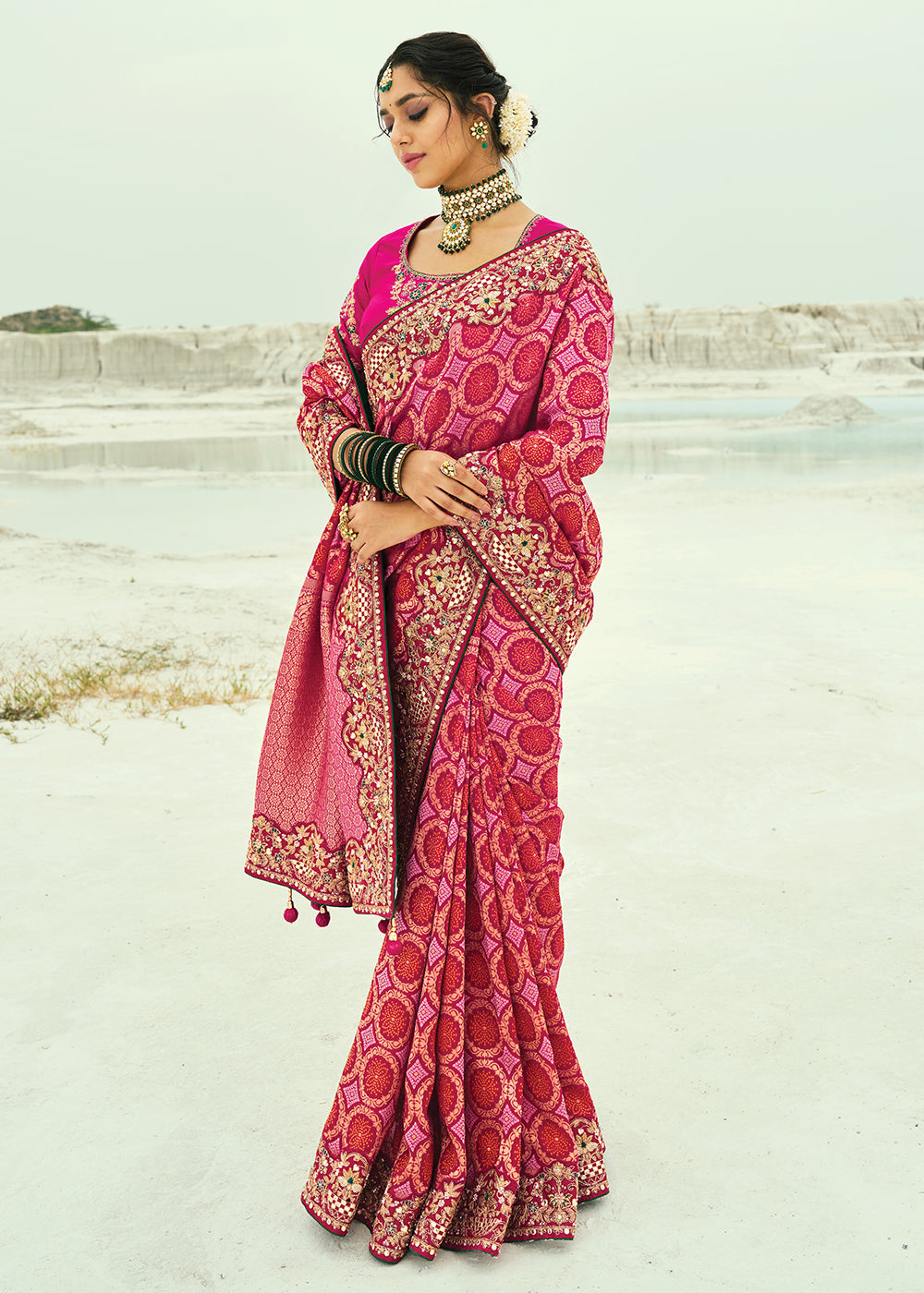 Buy Traditional Red Embroidered Bandhej Designer Saree Online in US, UK, Canada, France, Germany, Italy, Denmark, Singapore, Belgium & Worldwide at Empress.