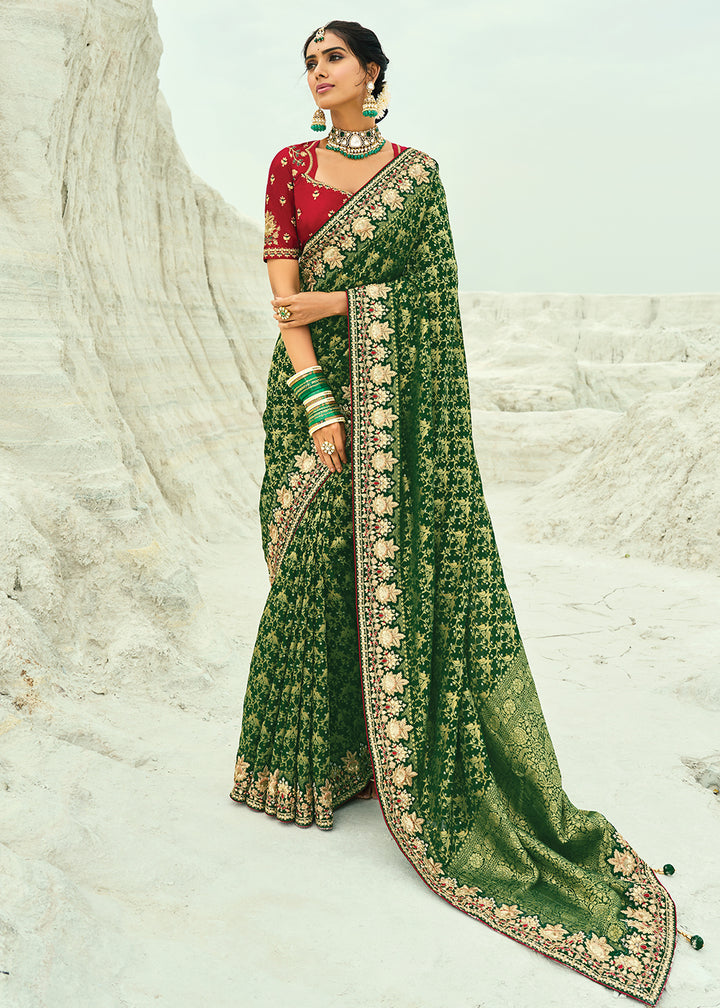 Buy Traditional Green Embroidered Bandhej Designer Saree Online in US, UK, Canada, France, Germany, Italy, Denmark, Singapore, Belgium & Worldwide at Empress.
