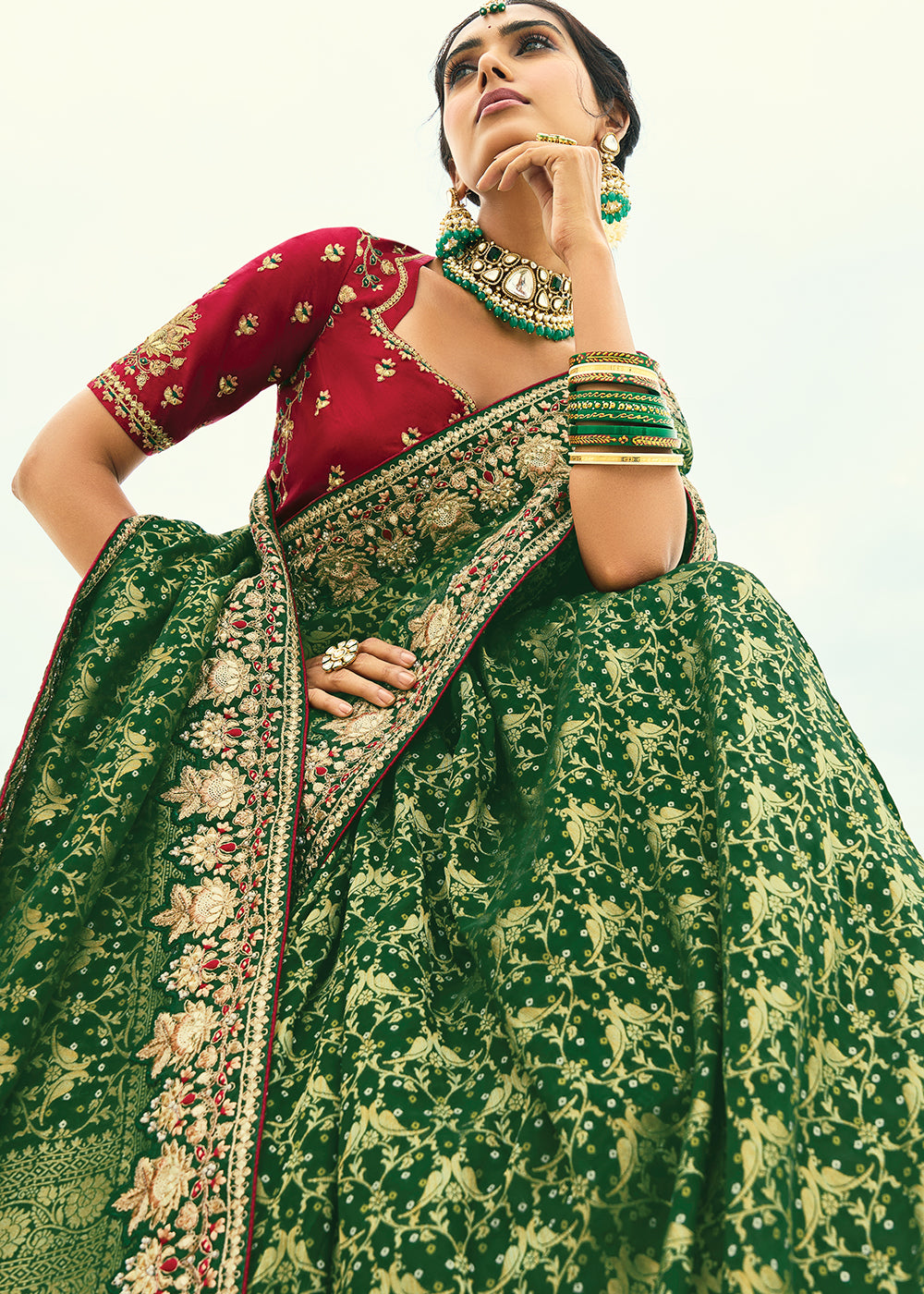 Buy Traditional Green Embroidered Bandhej Designer Saree Online in US, UK, Canada, France, Germany, Italy, Denmark, Singapore, Belgium & Worldwide at Empress.