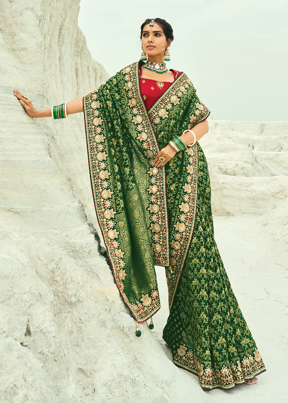 Buy Traditional Green Embroidered Bandhej Designer Saree Online in US, UK, Canada, France, Germany, Italy, Denmark, Singapore, Belgium & Worldwide at Empress.