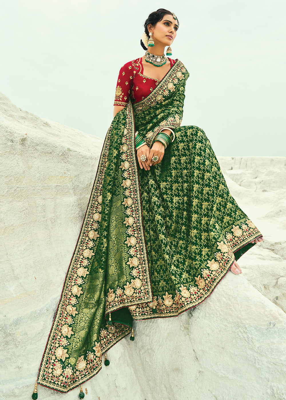 Buy Traditional Green Embroidered Bandhej Designer Saree Online in US, UK, Canada, France, Germany, Italy, Denmark, Singapore, Belgium & Worldwide at Empress.