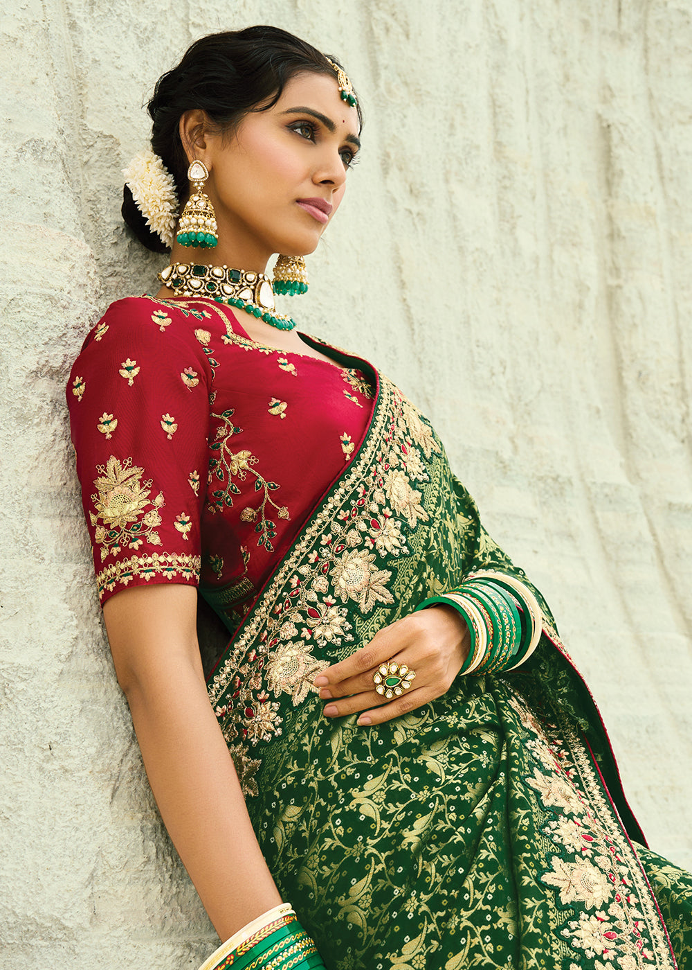 Buy Traditional Green Embroidered Bandhej Designer Saree Online in US, UK, Canada, France, Germany, Italy, Denmark, Singapore, Belgium & Worldwide at Empress.