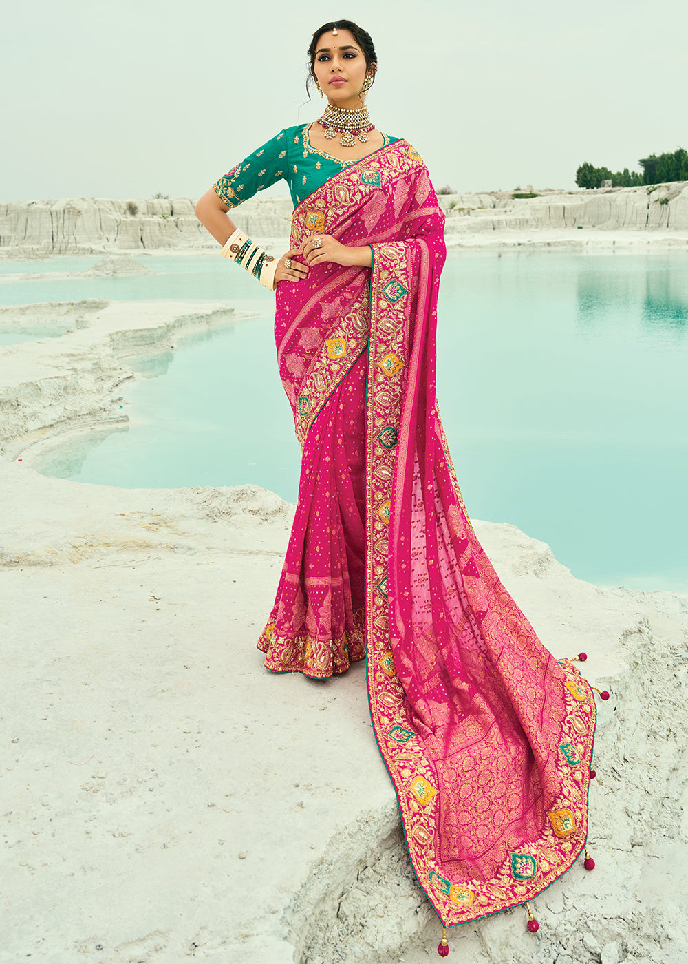 Buy Traditional Rani Embroidered Bandhej Designer Saree Online in US, UK, Canada, France, Germany, Italy, Denmark, Singapore, Belgium & Worldwide at Empress.