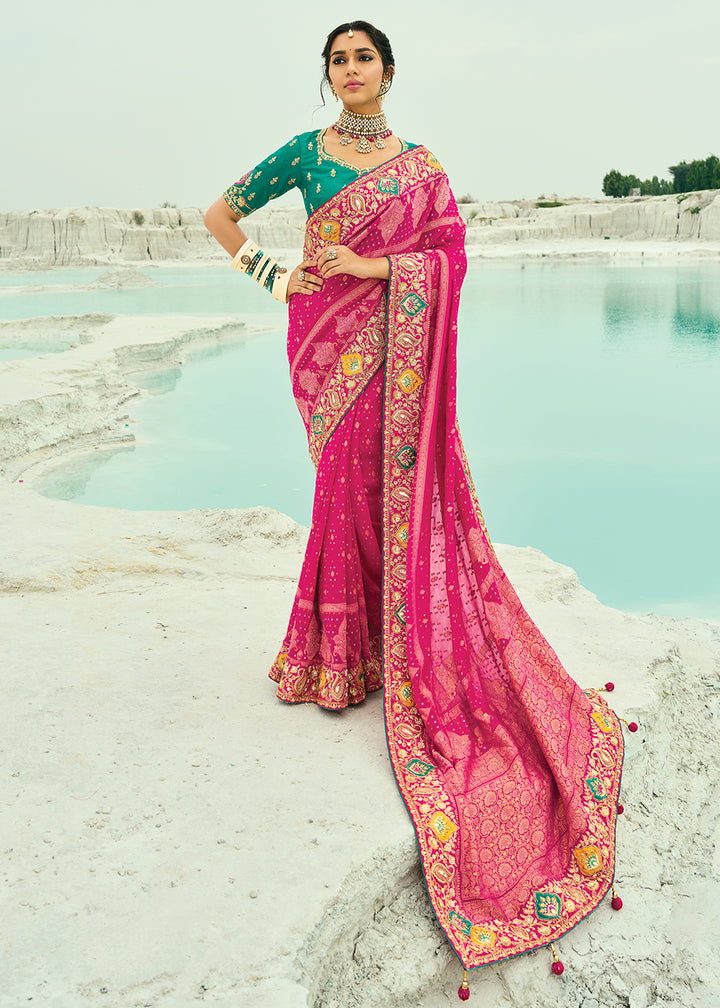 Buy Traditional Rani Embroidered Bandhej Designer Saree Online in US, UK, Canada, France, Germany, Italy, Denmark, Singapore, Belgium & Worldwide at Empress.