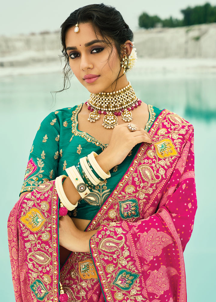 Buy Traditional Rani Embroidered Bandhej Designer Saree Online in US, UK, Canada, France, Germany, Italy, Denmark, Singapore, Belgium & Worldwide at Empress.