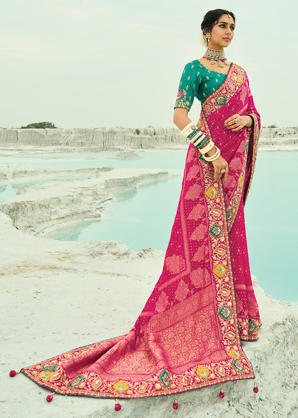 Buy Traditional Rani Embroidered Bandhej Designer Saree Online in US, UK, Canada, France, Germany, Italy, Denmark, Singapore, Belgium & Worldwide at Empress.