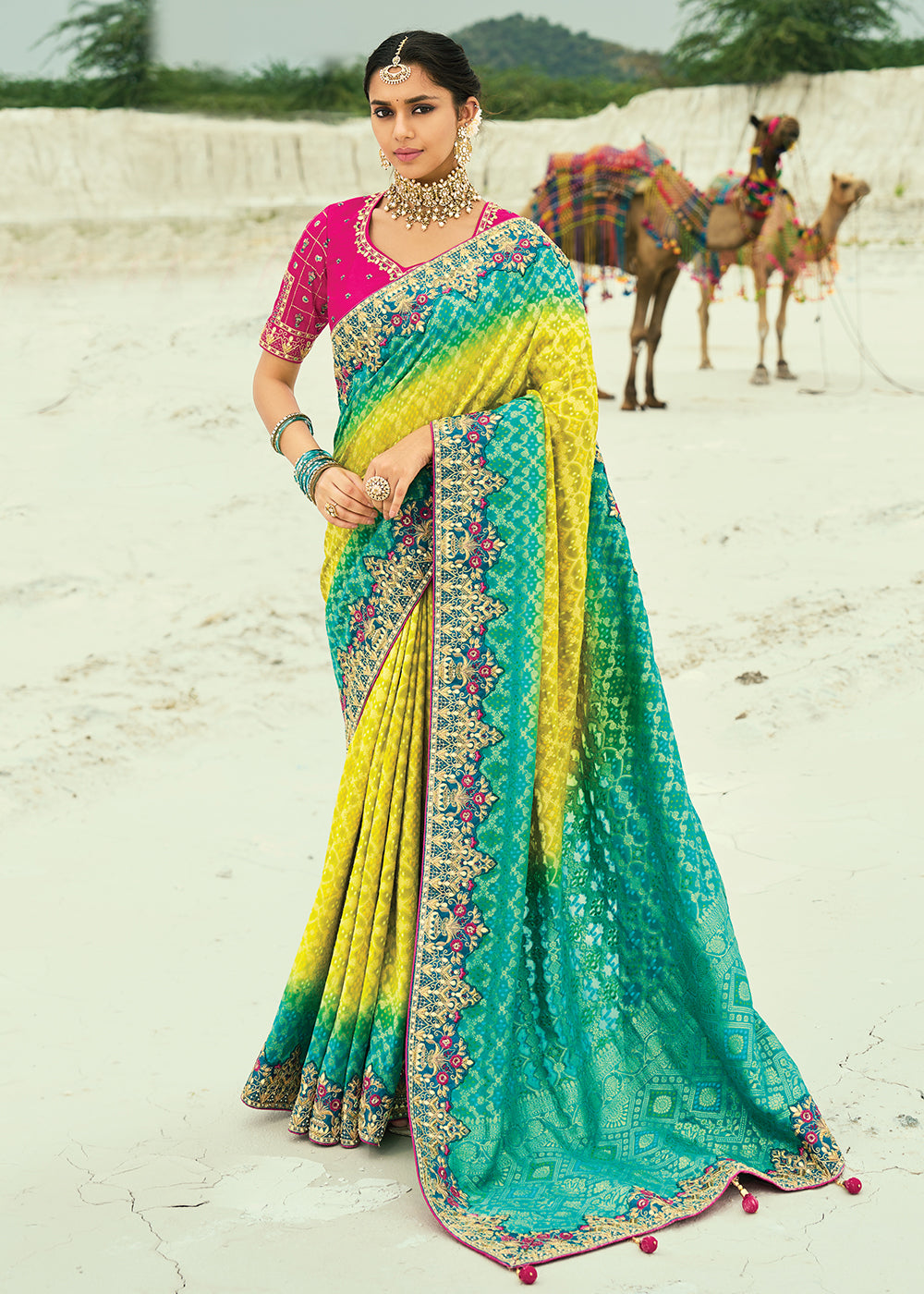 Buy Traditional Yellow Embroidered Bandhej Designer Saree Online in US, UK, Canada, France, Germany, Italy, Denmark, Singapore, Belgium & Worldwide at Empress.