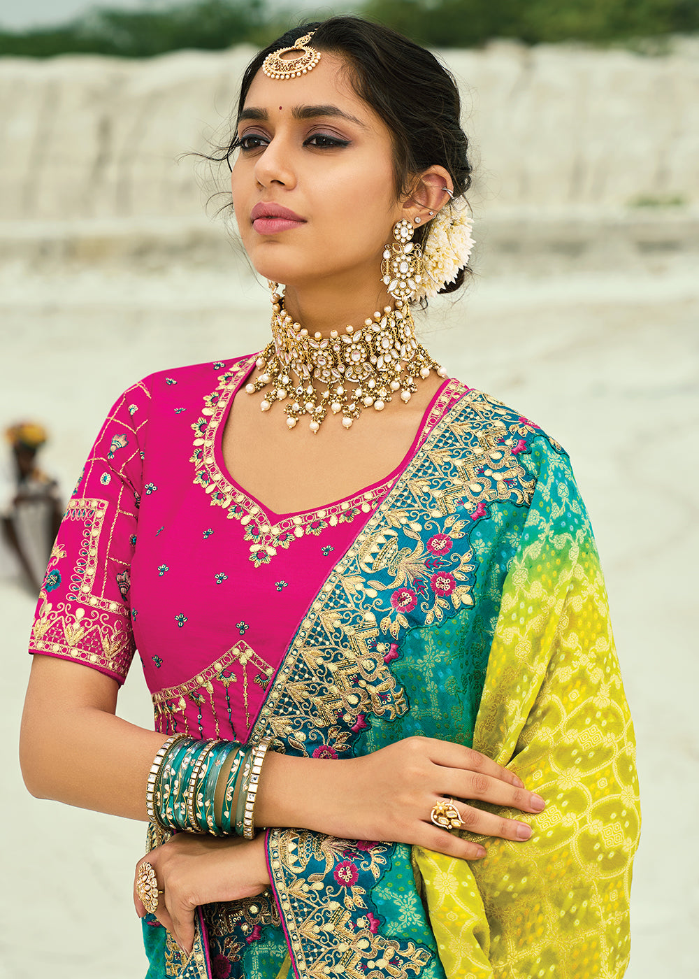 Buy Traditional Yellow Embroidered Bandhej Designer Saree Online in US, UK, Canada, France, Germany, Italy, Denmark, Singapore, Belgium & Worldwide at Empress.