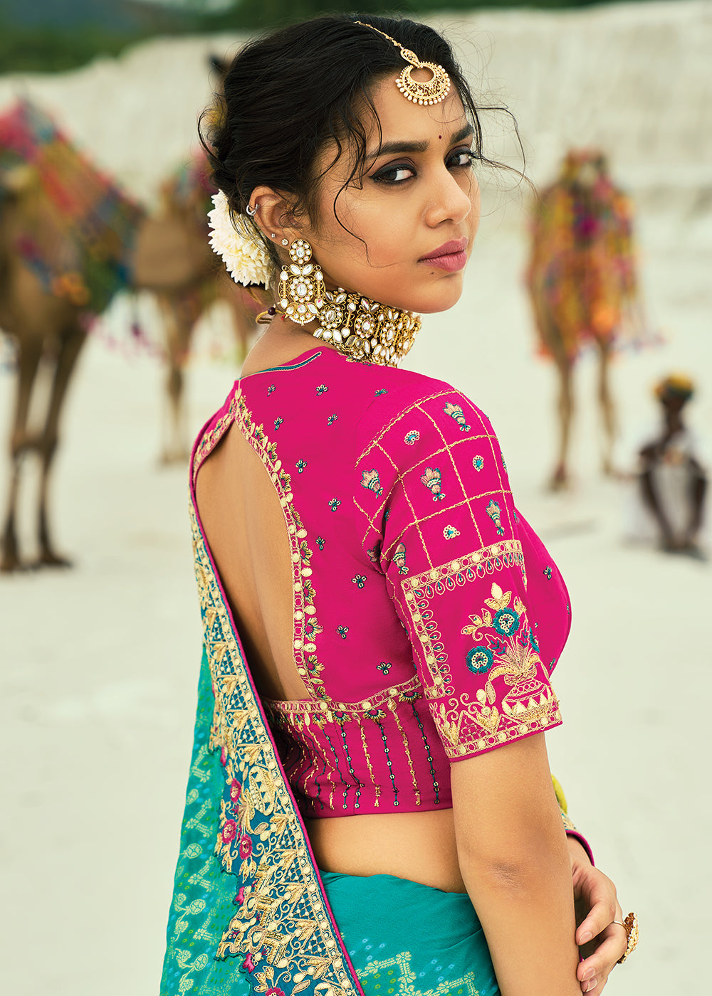 Buy Traditional Yellow Embroidered Bandhej Designer Saree Online in US, UK, Canada, France, Germany, Italy, Denmark, Singapore, Belgium & Worldwide at Empress.