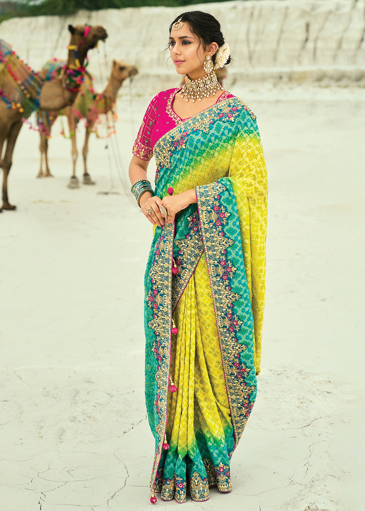 Buy Traditional Yellow Embroidered Bandhej Designer Saree Online in US, UK, Canada, France, Germany, Italy, Denmark, Singapore, Belgium & Worldwide at Empress.