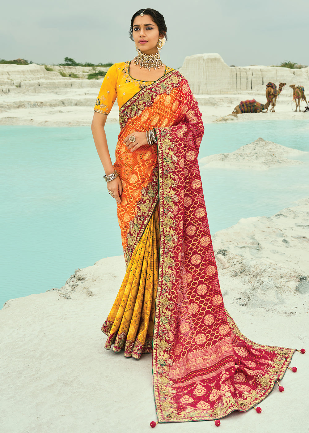 Buy Traditional Mustard Embroidered Bandhej Designer Saree Online in US, UK, Canada, France, Germany, Italy, Denmark, Singapore, Belgium & Worldwide at Empress.