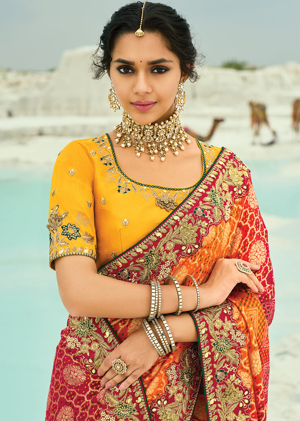 Buy Traditional Mustard Embroidered Bandhej Designer Saree Online in US, UK, Canada, France, Germany, Italy, Denmark, Singapore, Belgium & Worldwide at Empress.