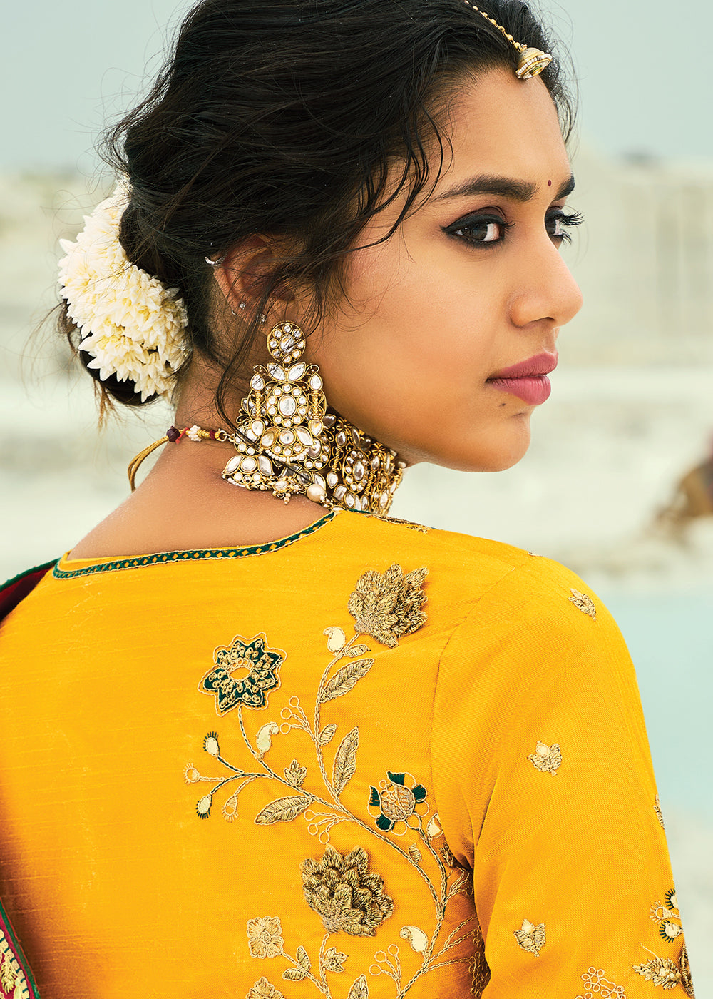 Buy Traditional Mustard Embroidered Bandhej Designer Saree Online in US, UK, Canada, France, Germany, Italy, Denmark, Singapore, Belgium & Worldwide at Empress.