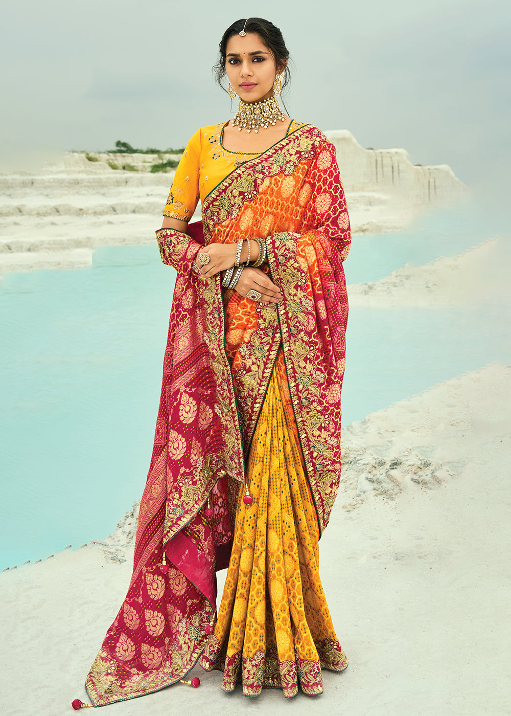 Buy Traditional Mustard Embroidered Bandhej Designer Saree Online in US, UK, Canada, France, Germany, Italy, Denmark, Singapore, Belgium & Worldwide at Empress.