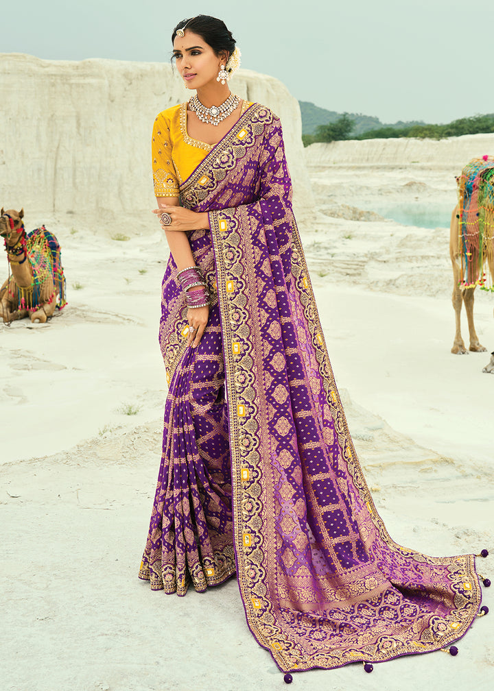 Buy Traditional Wine Embroidered Bandhej Designer Saree Online in US, UK, Canada, France, Germany, Italy, Denmark, Singapore, Belgium & Worldwide at Empress.