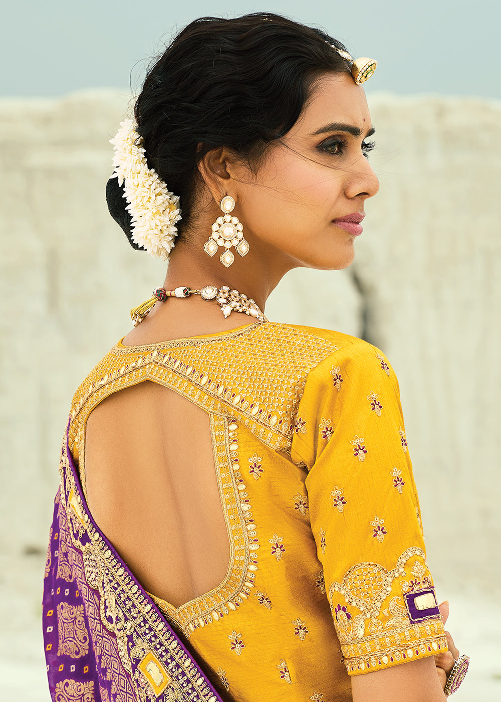 Buy Traditional Wine Embroidered Bandhej Designer Saree Online in US, UK, Canada, France, Germany, Italy, Denmark, Singapore, Belgium & Worldwide at Empress.