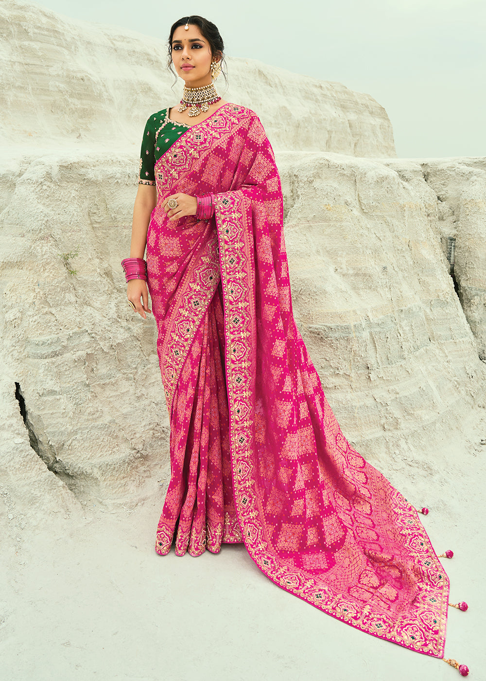 Buy Traditional Pink Embroidered Bandhej Designer Saree Online in US, UK, Canada, France, Germany, Italy, Denmark, Singapore, Belgium & Worldwide at Empress.
