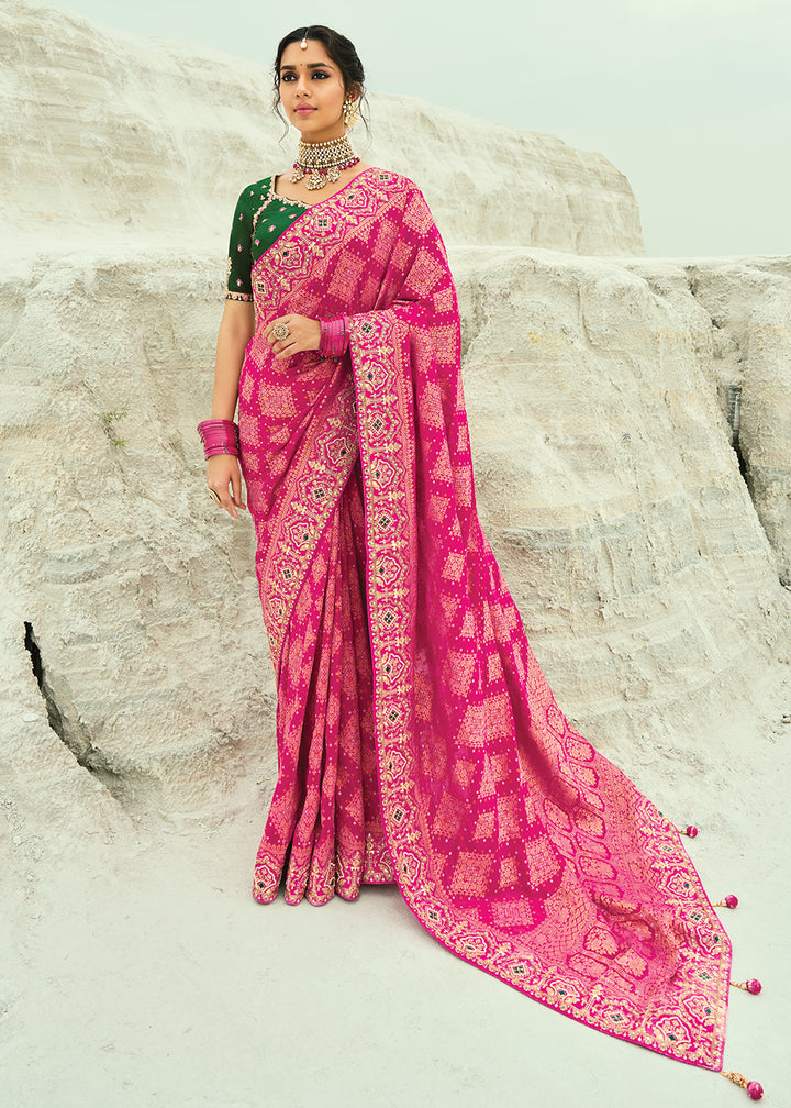 Buy Traditional Pink Embroidered Bandhej Designer Saree Online in US, UK, Canada, France, Germany, Italy, Denmark, Singapore, Belgium & Worldwide at Empress.