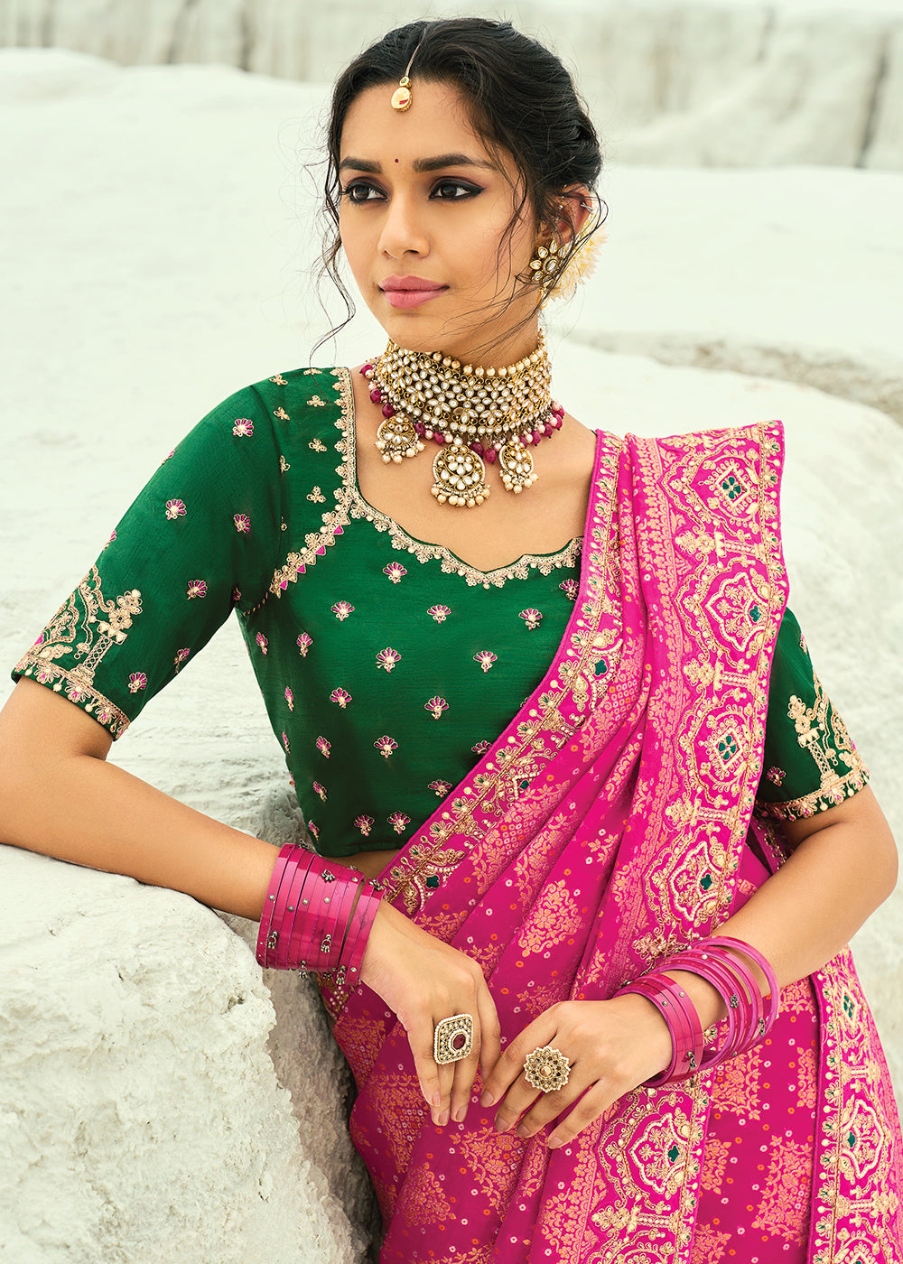 Buy Traditional Pink Embroidered Bandhej Designer Saree Online in US, UK, Canada, France, Germany, Italy, Denmark, Singapore, Belgium & Worldwide at Empress.