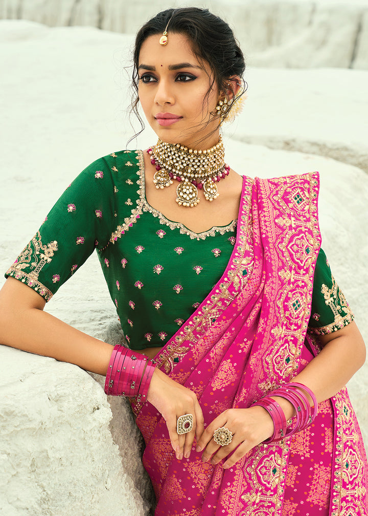 Buy Traditional Pink Embroidered Bandhej Designer Saree Online in US, UK, Canada, France, Germany, Italy, Denmark, Singapore, Belgium & Worldwide at Empress.