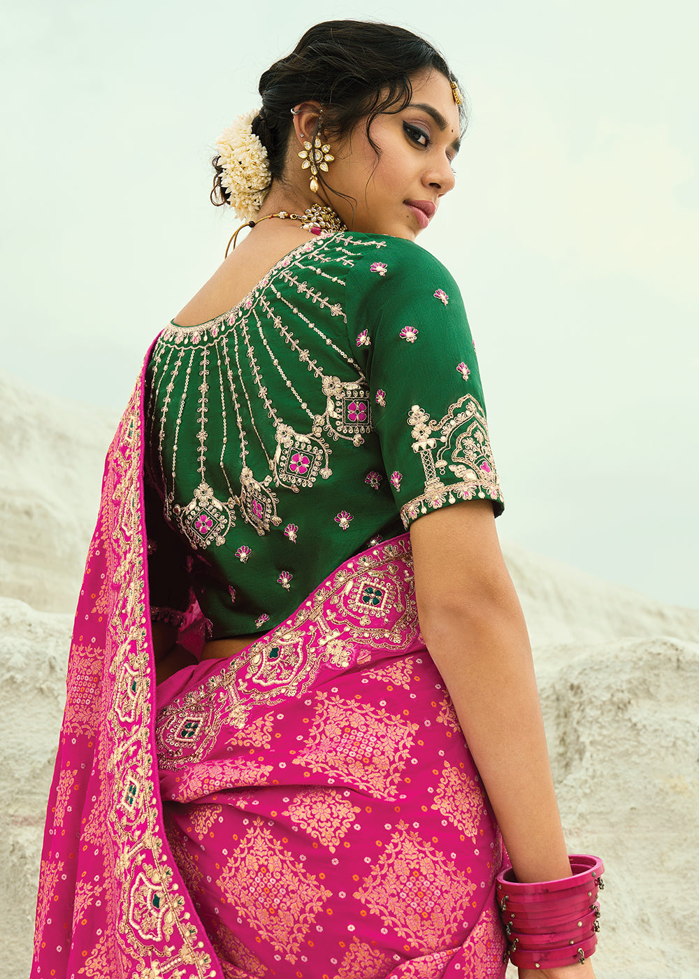 Buy Traditional Pink Embroidered Bandhej Designer Saree Online in US, UK, Canada, France, Germany, Italy, Denmark, Singapore, Belgium & Worldwide at Empress.