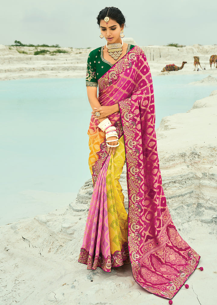 Buy Traditional Yellow Rani Embroidered Bandhej Designer Saree Online in US, UK, Canada, France, Germany, Italy, Denmark, Singapore, Belgium & Worldwide at Empress.