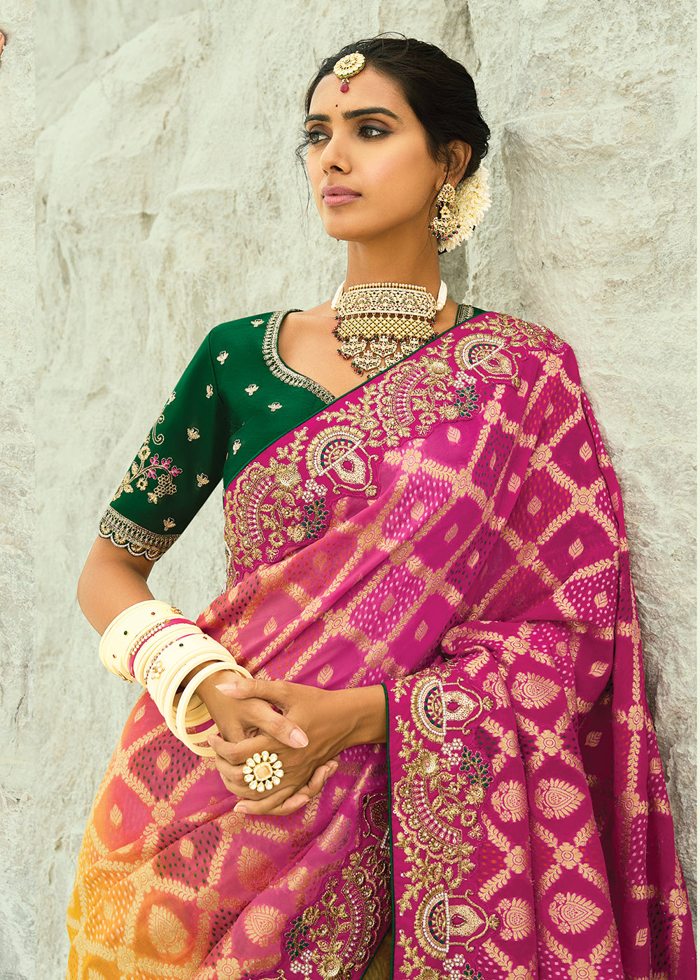 Buy Traditional Yellow Rani Embroidered Bandhej Designer Saree Online in US, UK, Canada, France, Germany, Italy, Denmark, Singapore, Belgium & Worldwide at Empress.