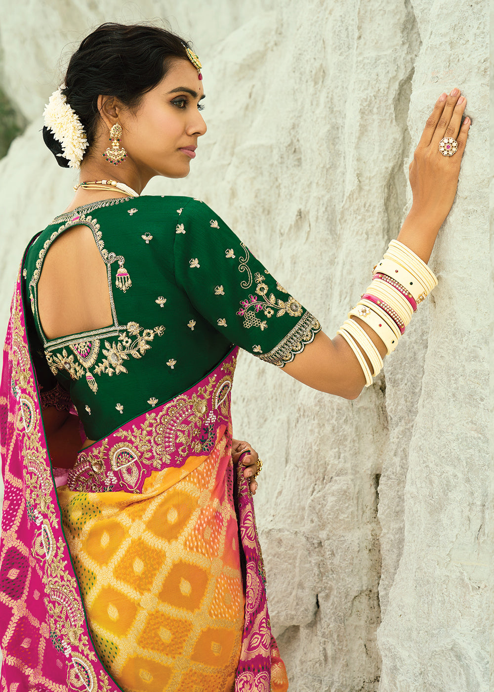 Buy Traditional Yellow Rani Embroidered Bandhej Designer Saree Online in US, UK, Canada, France, Germany, Italy, Denmark, Singapore, Belgium & Worldwide at Empress.