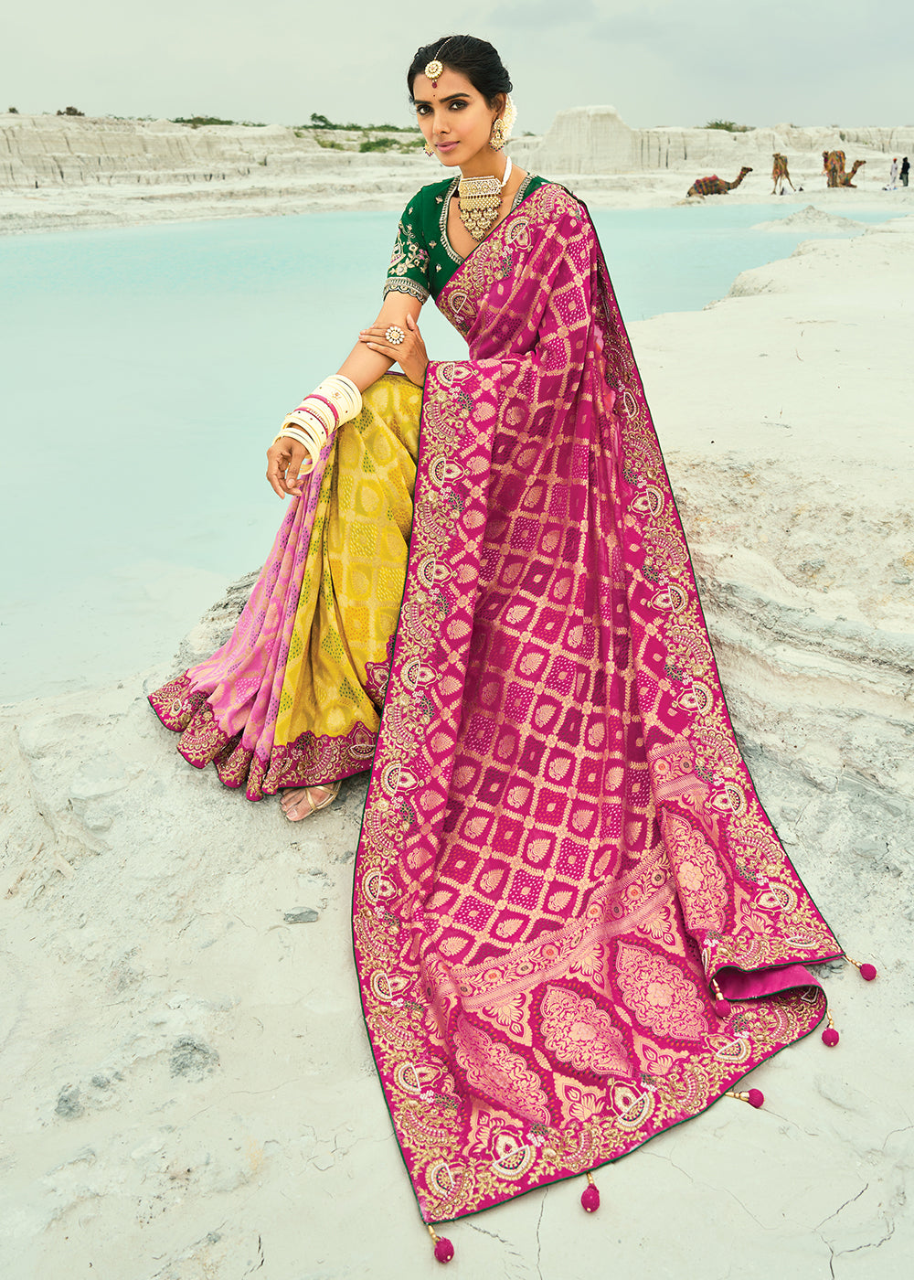 Buy Traditional Yellow Rani Embroidered Bandhej Designer Saree Online in US, UK, Canada, France, Germany, Italy, Denmark, Singapore, Belgium & Worldwide at Empress.