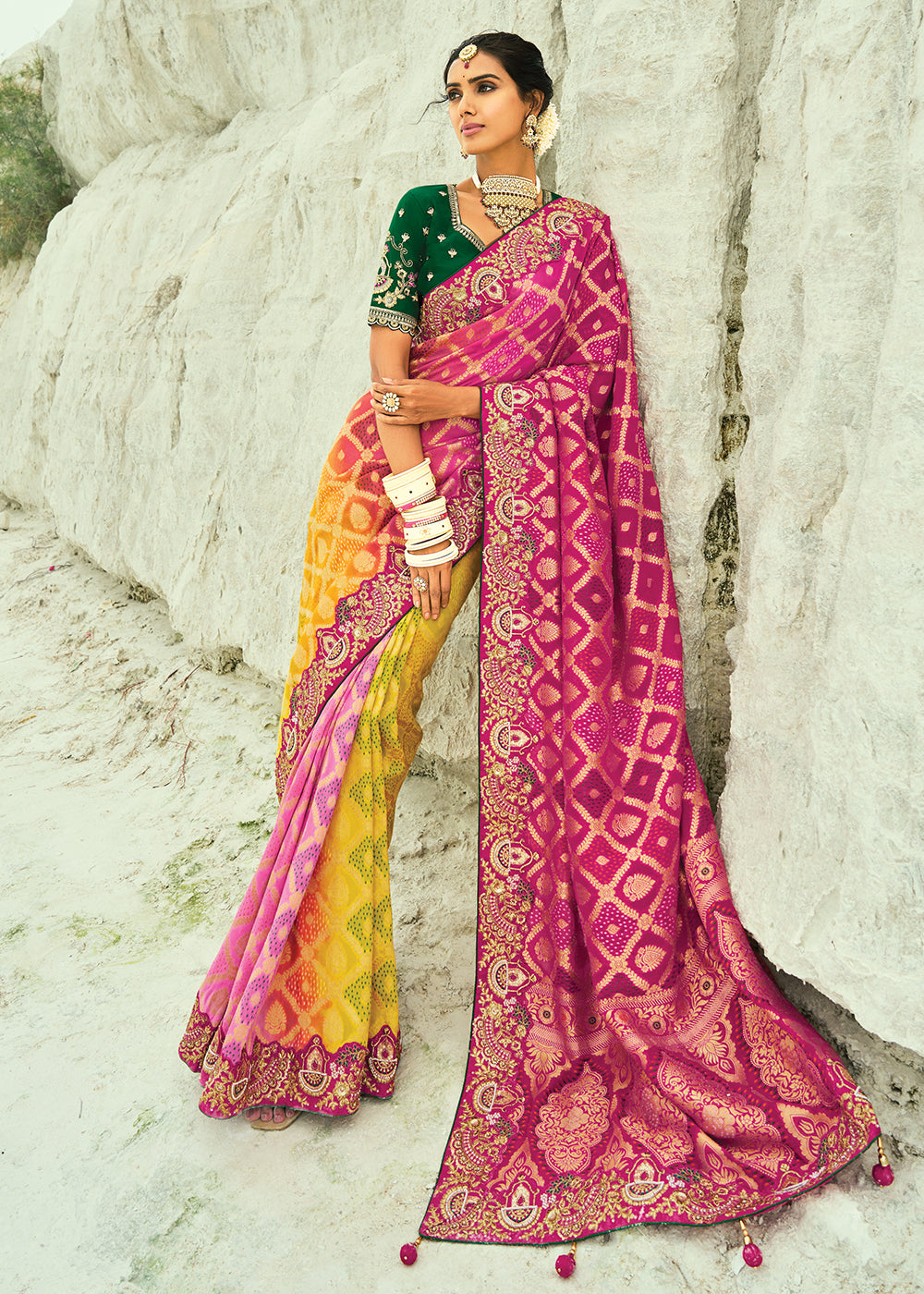 Buy Traditional Yellow Rani Embroidered Bandhej Designer Saree Online in US, UK, Canada, France, Germany, Italy, Denmark, Singapore, Belgium & Worldwide at Empress.