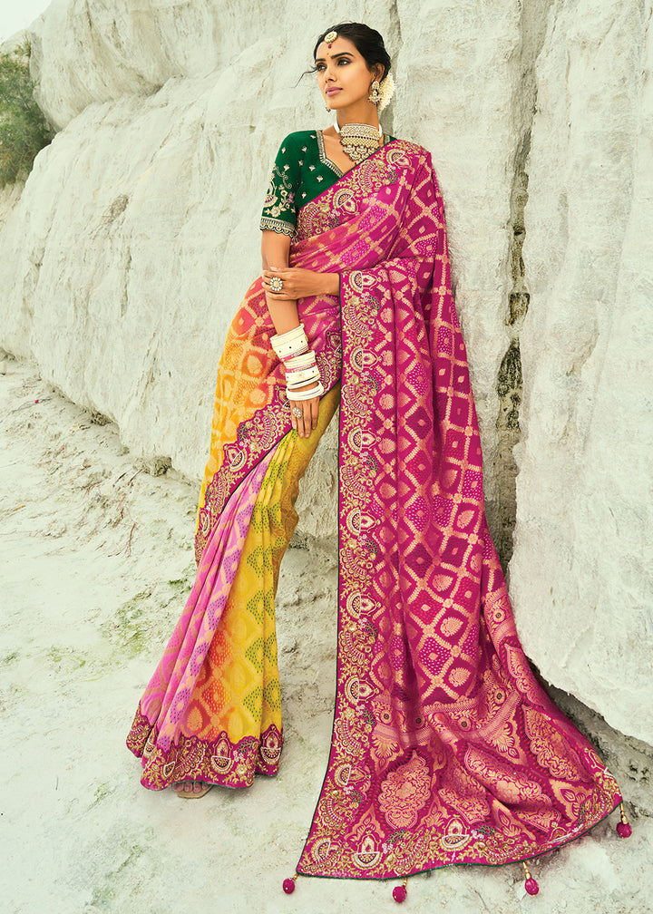 Buy Traditional Yellow Rani Embroidered Bandhej Designer Saree Online in US, UK, Canada, France, Germany, Italy, Denmark, Singapore, Belgium & Worldwide at Empress.