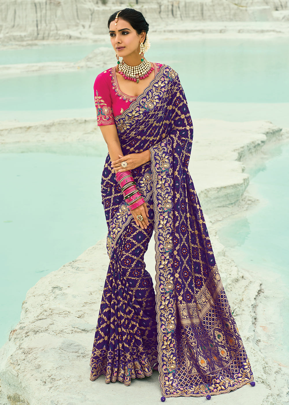 Buy Traditional Purple Embroidered Bandhej Designer Saree Online in US, UK, Canada, France, Germany, Italy, Denmark, Singapore, Belgium & Worldwide at Empress.