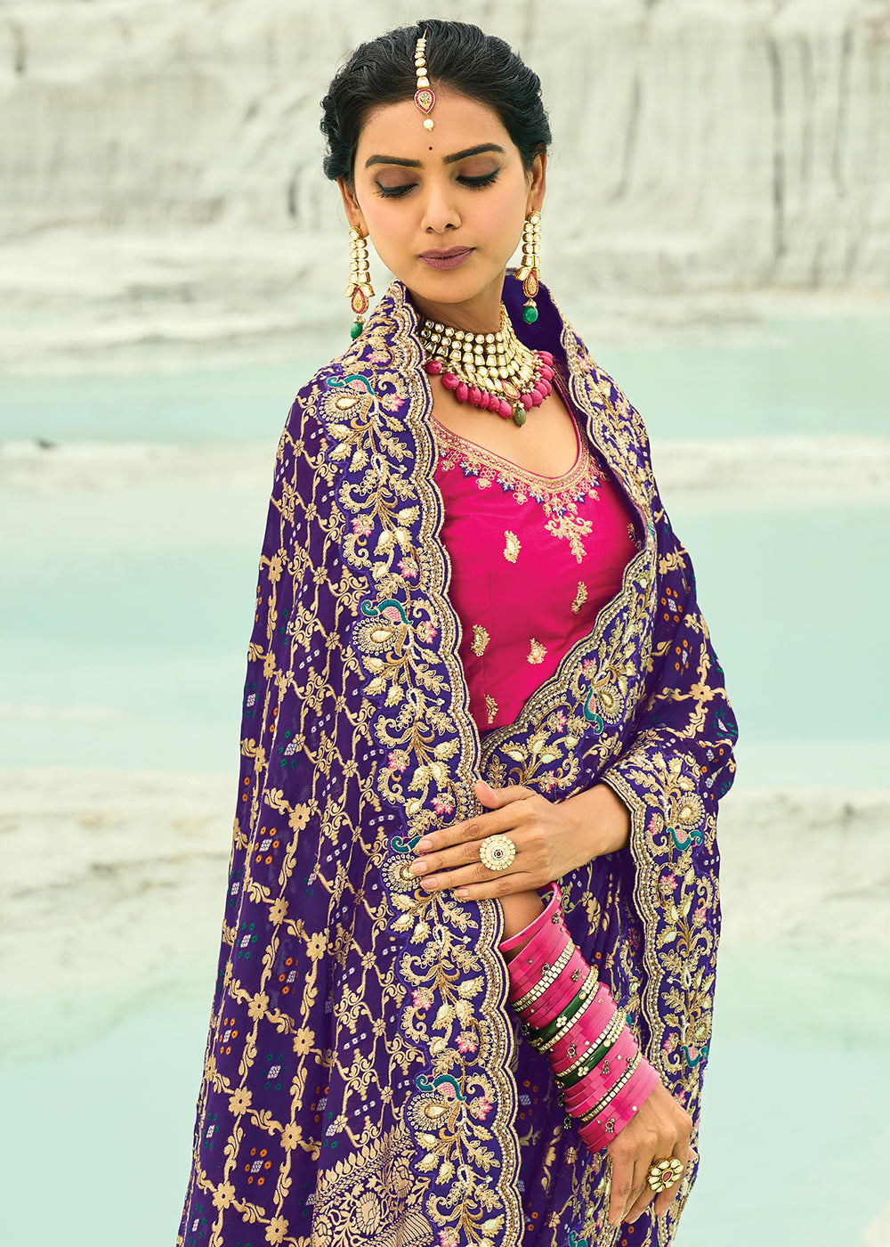 Buy Traditional Purple Embroidered Bandhej Designer Saree Online in US, UK, Canada, France, Germany, Italy, Denmark, Singapore, Belgium & Worldwide at Empress.