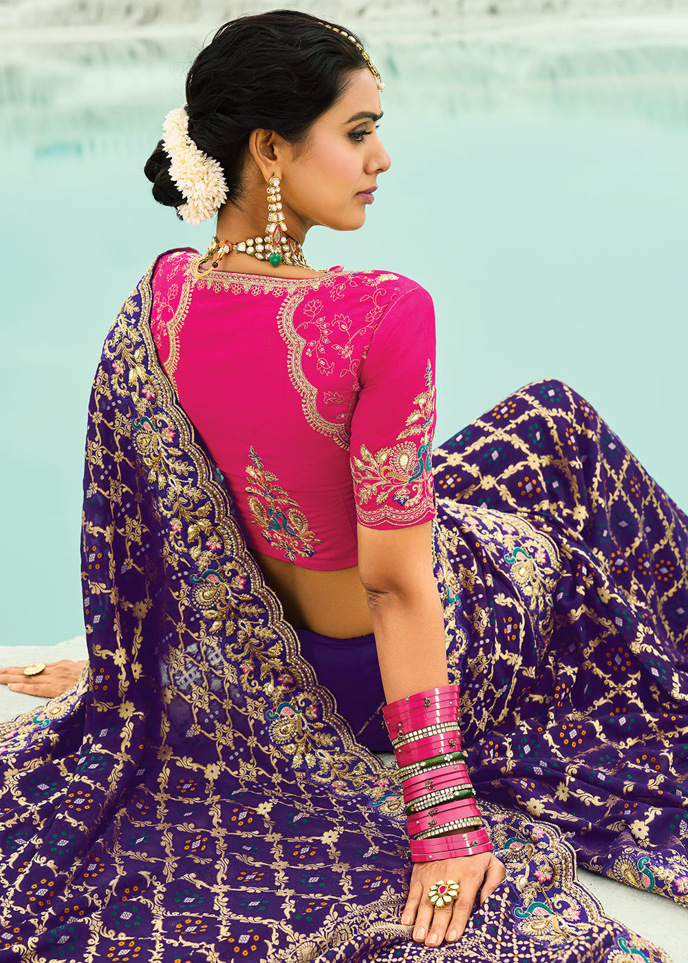 Buy Traditional Purple Embroidered Bandhej Designer Saree Online in US, UK, Canada, France, Germany, Italy, Denmark, Singapore, Belgium & Worldwide at Empress.