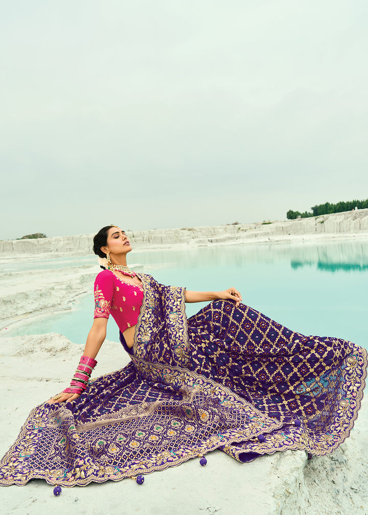 Buy Traditional Purple Embroidered Bandhej Designer Saree Online in US, UK, Canada, France, Germany, Italy, Denmark, Singapore, Belgium & Worldwide at Empress.