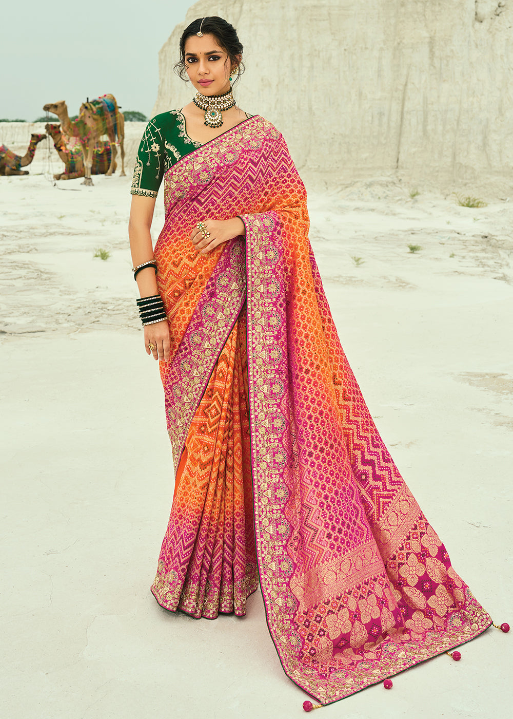Buy Traditional Orange Embroidered Bandhej Designer Saree Online in US, UK, Canada, France, Germany, Italy, Denmark, Singapore, Belgium & Worldwide at Empress.
