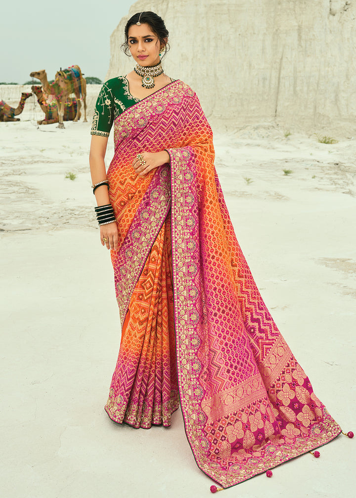 Buy Traditional Orange Embroidered Bandhej Designer Saree Online in US, UK, Canada, France, Germany, Italy, Denmark, Singapore, Belgium & Worldwide at Empress.
