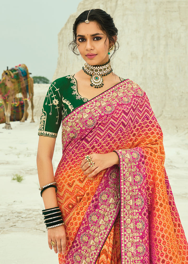 Buy Traditional Orange Embroidered Bandhej Designer Saree Online in US, UK, Canada, France, Germany, Italy, Denmark, Singapore, Belgium & Worldwide at Empress.
