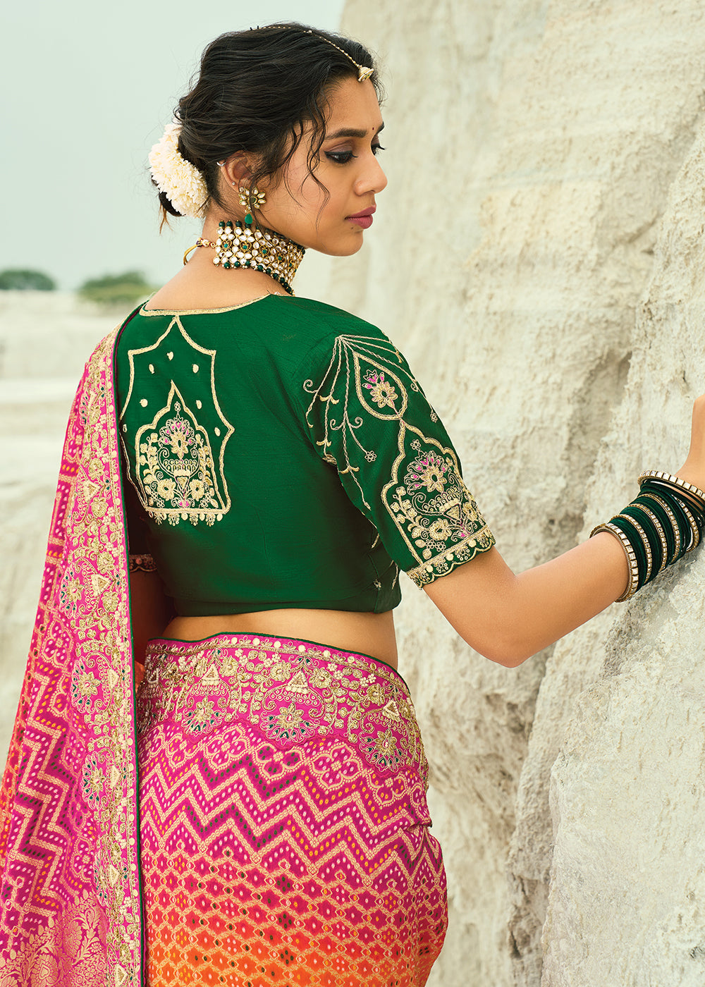 Buy Traditional Orange Embroidered Bandhej Designer Saree Online in US, UK, Canada, France, Germany, Italy, Denmark, Singapore, Belgium & Worldwide at Empress.