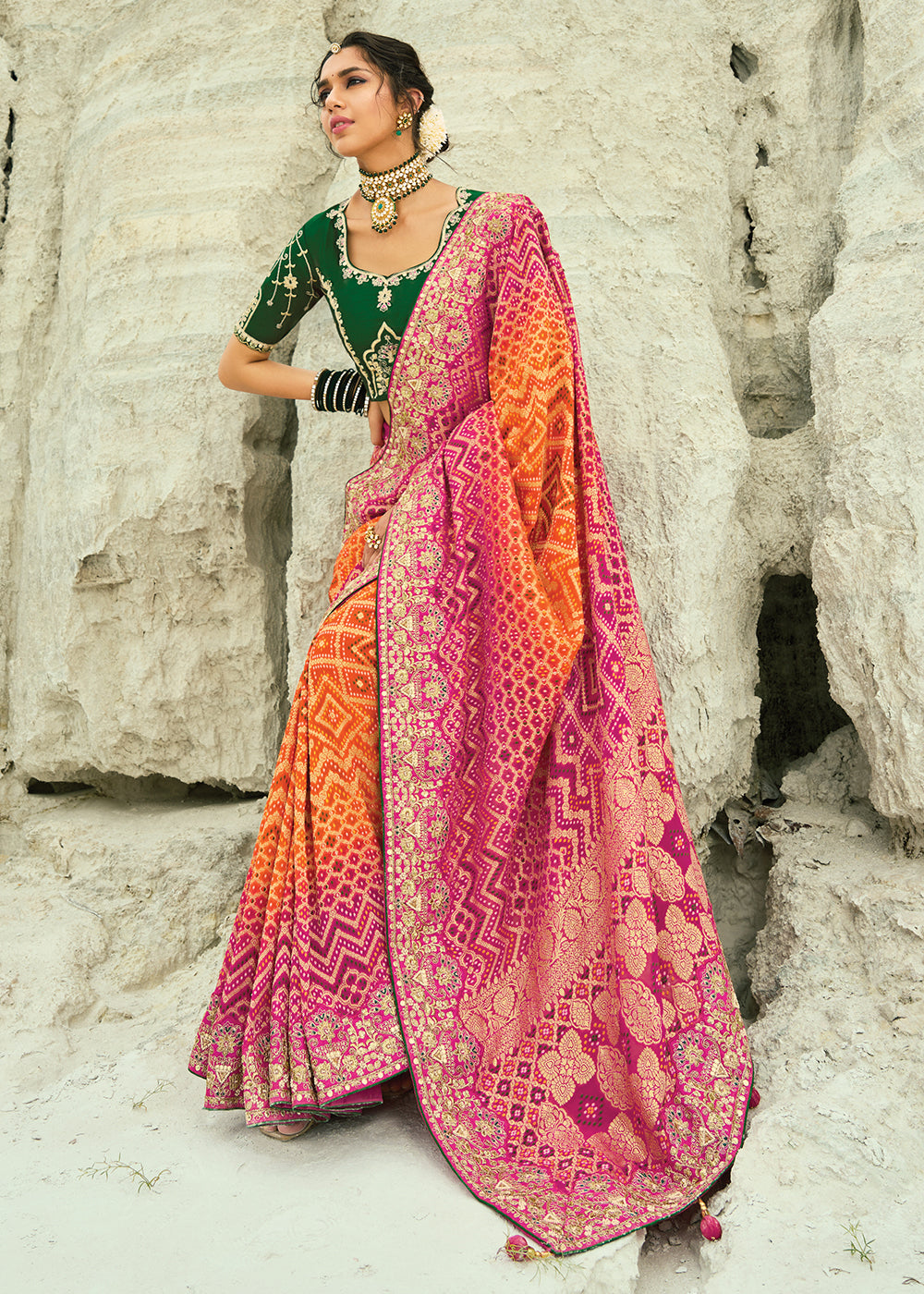 Buy Traditional Orange Embroidered Bandhej Designer Saree Online in US, UK, Canada, France, Germany, Italy, Denmark, Singapore, Belgium & Worldwide at Empress.