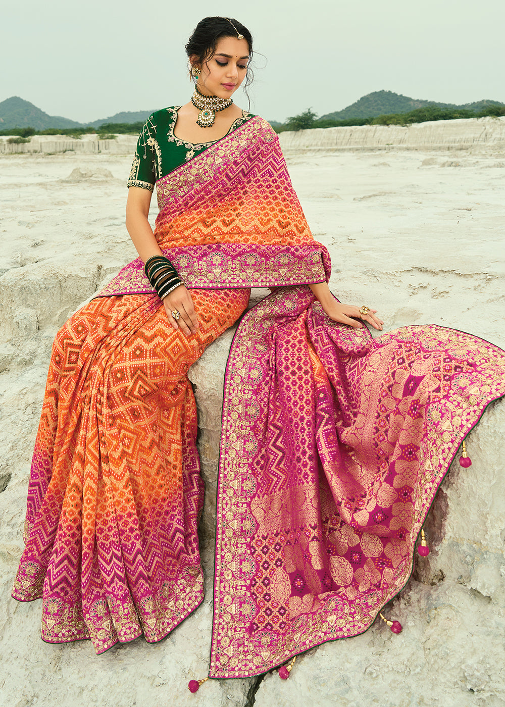 Buy Traditional Orange Embroidered Bandhej Designer Saree Online in US, UK, Canada, France, Germany, Italy, Denmark, Singapore, Belgium & Worldwide at Empress.