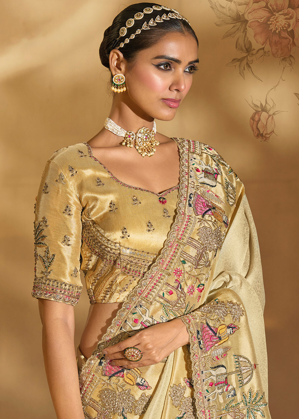 Buy Traditional Cream Heavy Embroidered Wedding Bridal Saree Online in US, UK, Canada, France, Germany, Denmark, Belgium, Sweden, Greece & Worldwide at Empress.