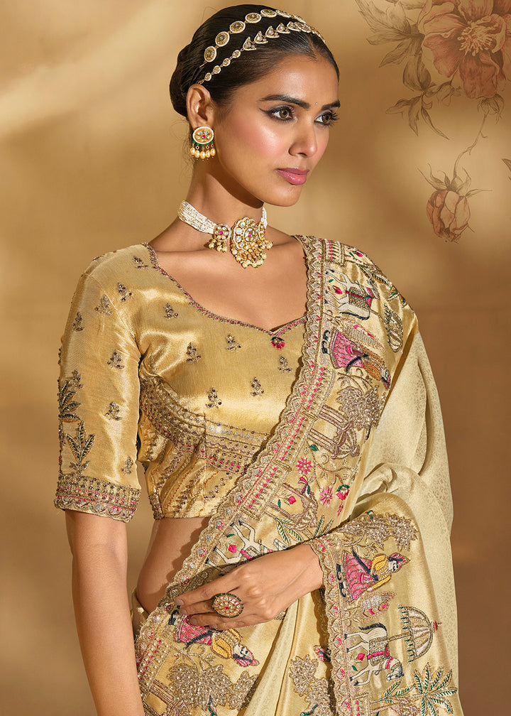 Buy Traditional Cream Heavy Embroidered Wedding Bridal Saree Online in US, UK, Canada, France, Germany, Denmark, Belgium, Sweden, Greece & Worldwide at Empress.