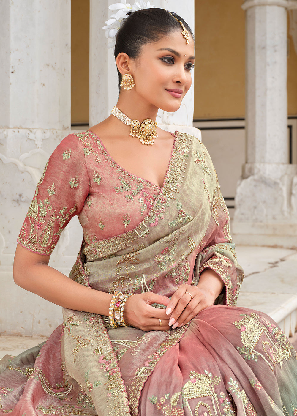 Buy Rani Multi Green & Pink Silk Khatli Embroidered Saree Online in US, UK, Canada, France, Germany, Denmark, Netherlands, Sweden, Greece & Worldwide at Empress.